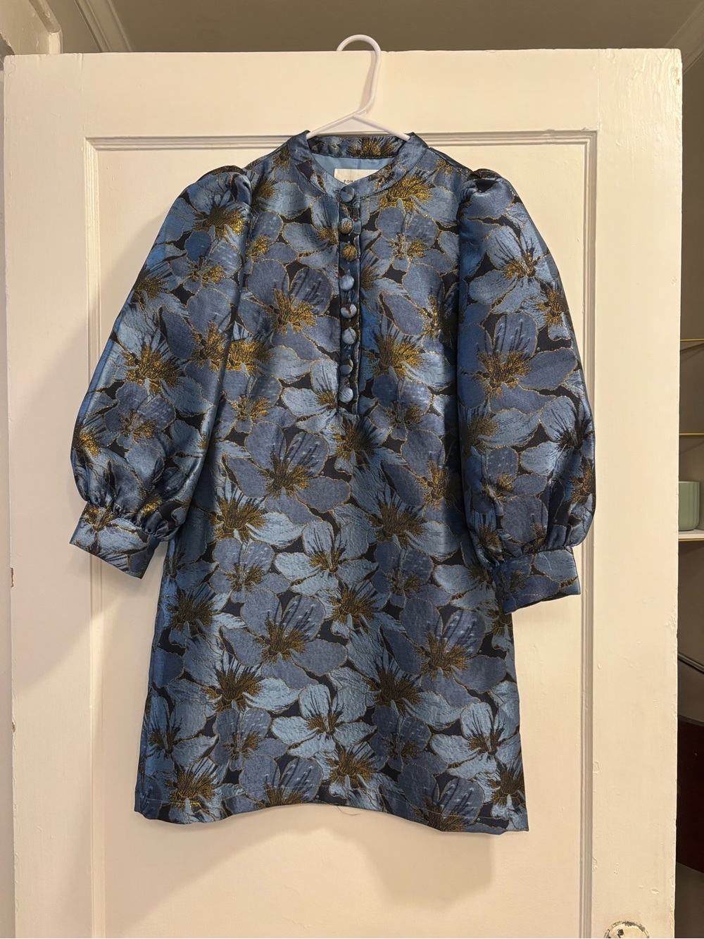 Tuckernuck Blue and Gold Floral Puff-Sleeve Dress